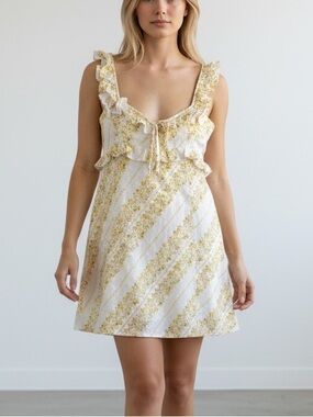 For Love & Lemons White Mini Dress with Yellow Floral Print